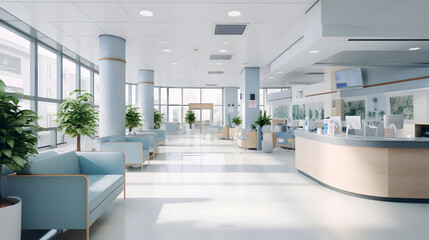 Obraz premium Empty modern hospital corridor, clinic hallway interior background with white chairs for patients waiting for doctor visit. Contemporary waiting room in medical office. Healthcare services concept