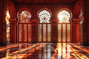 Empty room in Arabic style. Realistic spacious 3d Arabic room with large windows light shines through the window