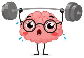 Cute brain cartoon lifting heavy weight, train your brain concept