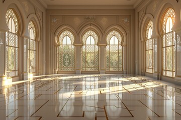 Fototapeta premium Empty room in Arabic style. Realistic spacious 3d Arabic room with large windows light shines through the window