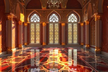 Obraz premium Empty room in Arabic style. Realistic spacious 3d Arabic room with large windows light shines through the window