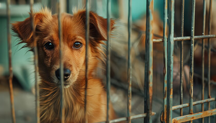 Two dogs are looking at the camera through a metal cage