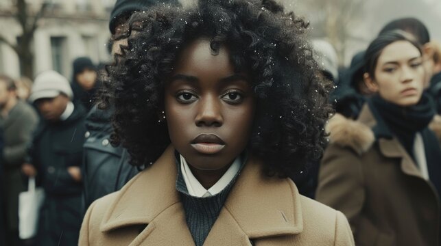 Young dark-skinned girl confidently facing camera in urban crowd