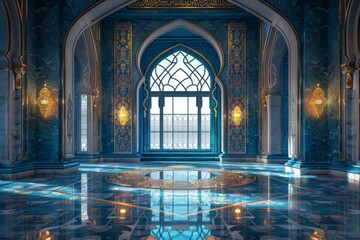 Fototapeta premium Empty room in Arabic style. Realistic spacious 3d Arabic room with large windows light shines through the window