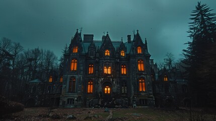 A spooky Halloween-themed manor featuring orange windows against a dark and stormy sky. The eerie atmosphere and gothic architecture make it perfect for a haunted