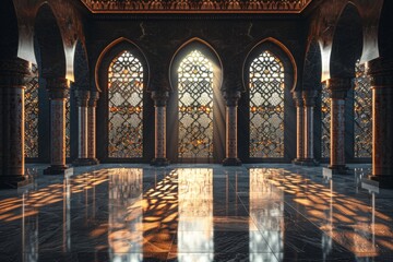 Obraz premium Empty room in Arabic style. Realistic spacious 3d Arabic room with large windows light shines through the window