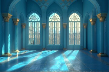 Empty room in Arabic style. Realistic spacious 3d Arabic room with large windows light shines through the window