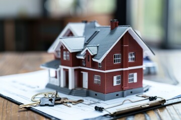 miniature house model on table with keys and notepad, real estate agents in the style of blurred in background