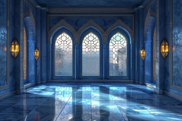 Fototapeta premium Empty room in Arabic style. Realistic spacious 3d Arabic room with large windows light shines through the window