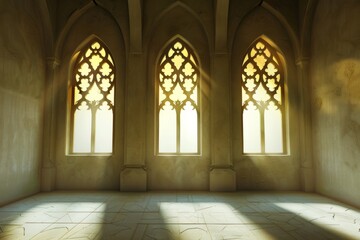 Obraz premium Empty room in Arabic style. Realistic spacious 3d Arabic room with large windows light shines through the window