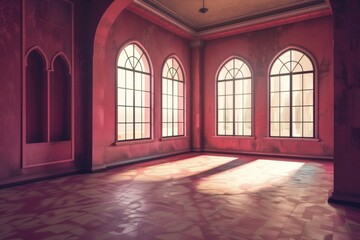 Empty room in Arabic style. Realistic spacious 3d Arabic room with large windows light shines through the window