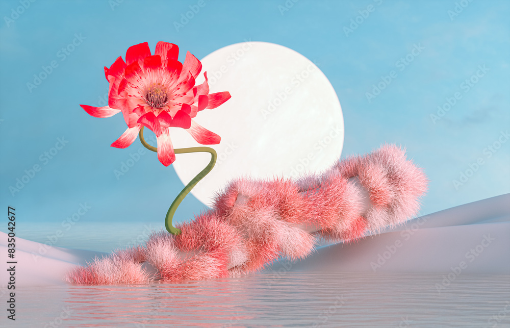 Poster abstract beauty podium backdrop for product display with log and flower on the water. 3d seascape ba