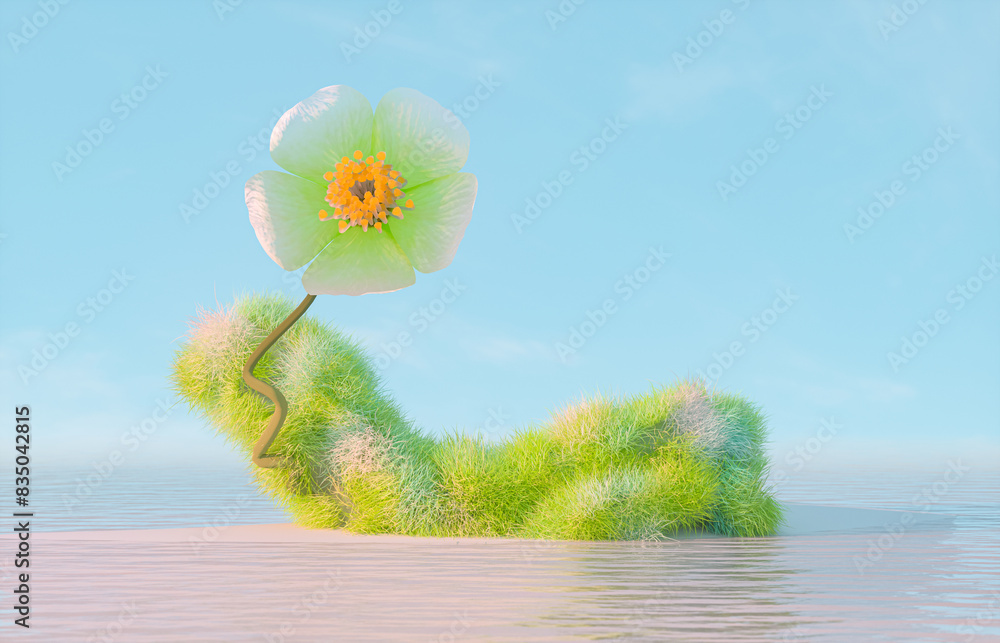 Poster abstract beauty podium backdrop for product display with log and flower on the water. 3d seascape ba