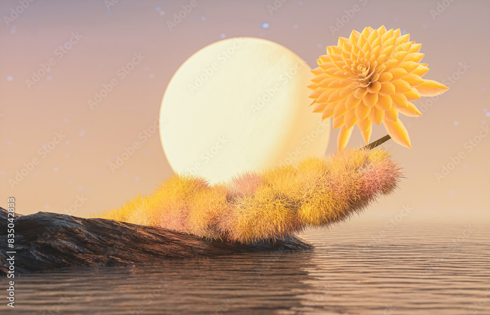 Aufkleber Abstract beauty podium backdrop for product display with log and flower on the water. 3d seascape background.