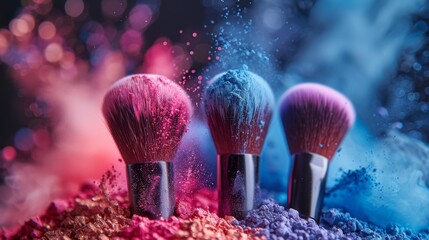 Three makeup brushes with vibrant pink, blue, and purple powder clouds create a dynamic and colorful composition - Powered by Adobe