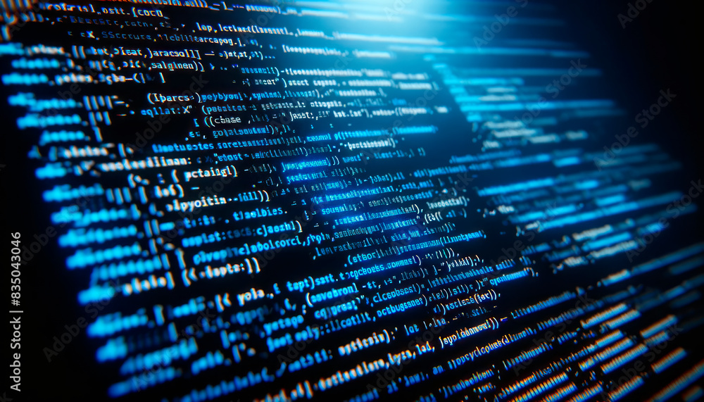 Poster Code on a computer screen with a blue digital glow, representing concepts of programming, cybersecurity, and data. Generative AI