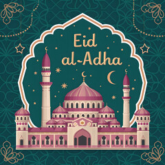 Happy Eid al Adha illustration of a mosque crescent moon and stars