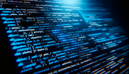 Code on a computer screen with a blue digital glow, representing concepts of programming, cybersecurity, and data. Generative AI