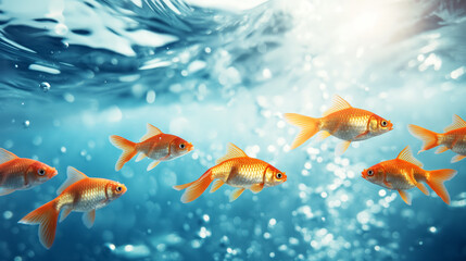 Fototapeta premium School of goldfish swimming in clear blue water, with light rays penetrating the surface and bubbles adding to the peaceful atmosphere.