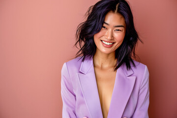 Fototapeta premium Smiling woman in purple suit posing for photo