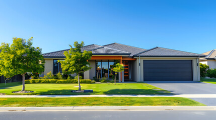 Modern Single-Story House Exterior with Landscaping, Large Windows, and Double Garage Under Clear Blue Sky