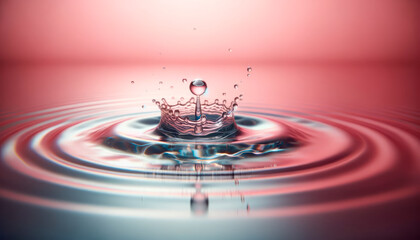 A crown-shaped water splash captured against a pink and blue gradient background, showcasing the concept of fluid dynamics in a creative way. Generative AI
