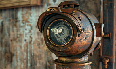 Fototapeta premium A close-up photograph of a vintage-style security camera, showcasing detailed metalwork and a rustic backdrop.