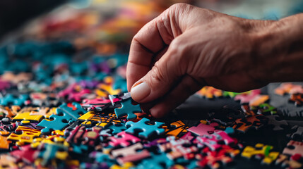 Hand placing a piece into a colorful jigsaw puzzle, with the scattered puzzle pieces creating a sense of focus and engagement in solving the puzzle.
