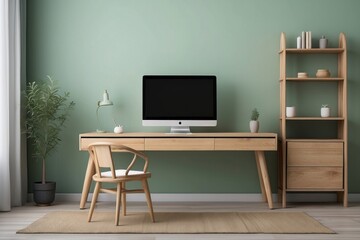 Interior home office with wooden workspace and computer on mint green wall background