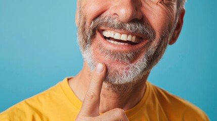 Fototapeta premium smiling man pointing to corner of her mouth, copy space. Dental care. Dentistry concept.