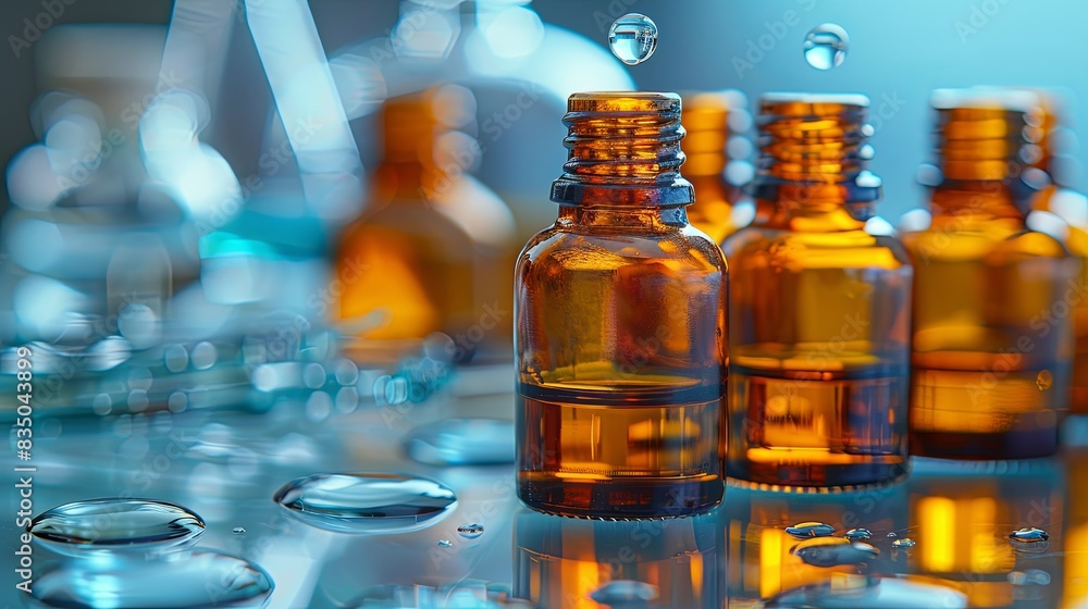 Poster Close-up of glass bottles containing serum with droplets on a laboratory table. Generative AI
