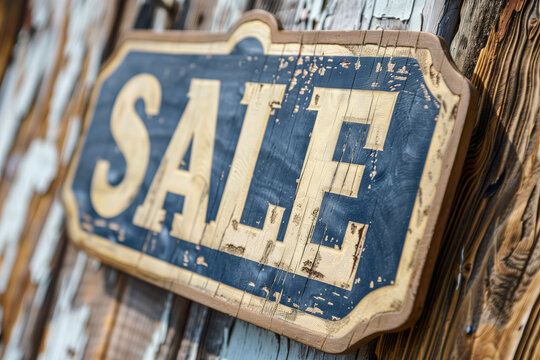 Close-up of sale sign on wooden wall