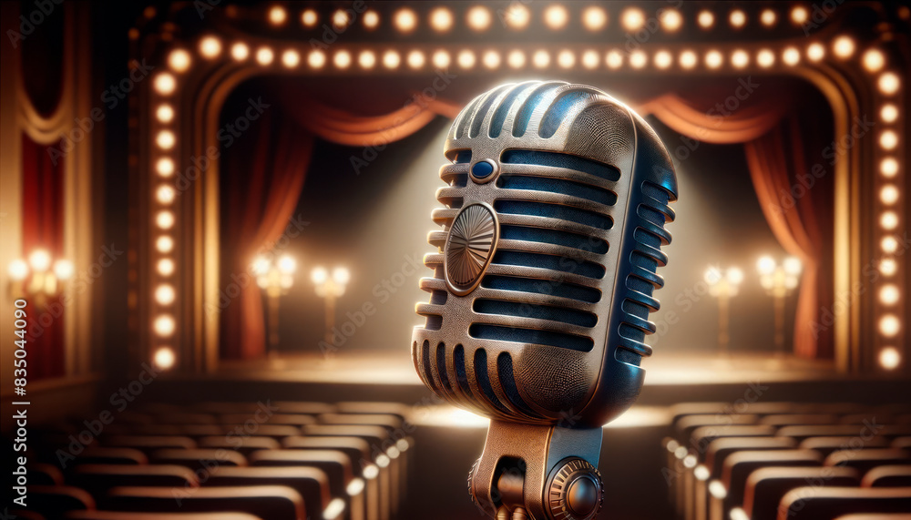 Poster a vintage microphone in focus on a blurred theater stage background, illustrating a performance or e