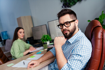 Photo of positive good mood employers dressed shirts enjoying coworking indoors workshop workstation