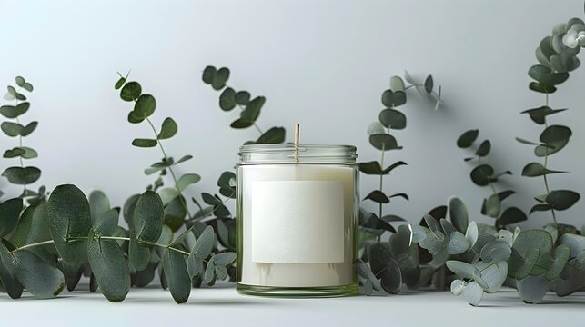 A blank label on the front of an elegant glass candle jar, with eucalyptus leaves and a white background. creating a luxurious atmosphere for your brand's candles