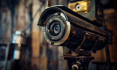 Fototapeta premium A close-up photograph of a vintage-style security camera, showcasing detailed metalwork and a rustic backdrop.