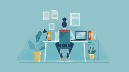 An illustration in 2D flat style featuring a character sitting at a desk in a virtual classroom, using a laptop for online education. The minimalist design highlights the digital tools and resources