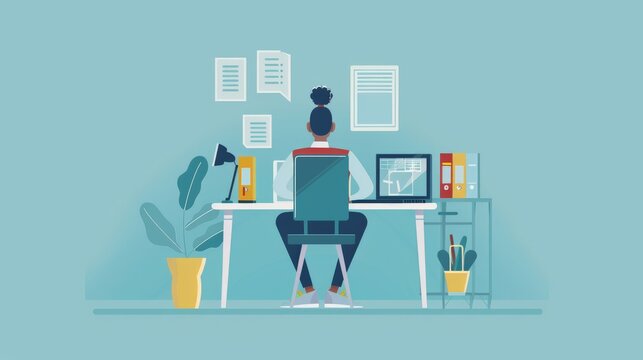 An illustration in 2D flat style featuring a character sitting at a desk in a virtual classroom, using a laptop for online education. The minimalist design highlights the digital tools and resources