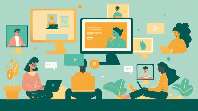 A flat design illustration depicting a character attending a virtual study session with peers, each on their own devices. The minimalist background emphasizes the collaborative aspect of online