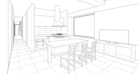 house interior sketch 3d illustration