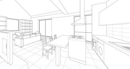 house interior sketch 3d illustration