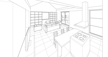 house interior sketch 3d illustration