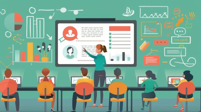 A flat design illustration of a digital classroom with a teacher conducting a lesson via video conference. The minimalist background highlights the seamless interaction between the teacher and