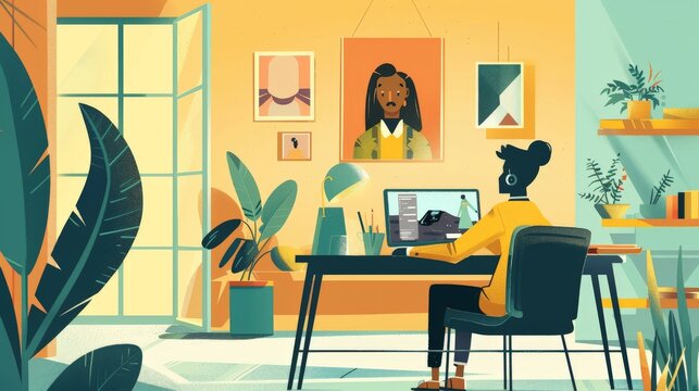 A flat design illustration of a character receiving online tutoring, interacting with a tutor via a video conferencing app. The minimalist background emphasizes the personalized and accessible nature
