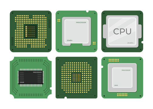 Set of chip Central Computer Processors CPU collection , Circuit board computer hardware, microprocessor electronic chip, development technology concept, isolated on white background.