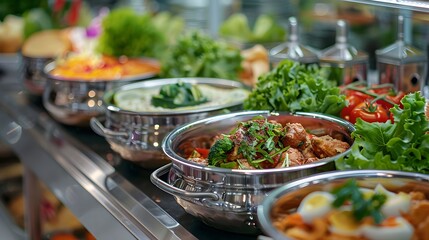 A close-up shot of the delicious dishes in stainless steel chafing hearth boxes, creating an attractive display for diverse food items like colorful salad leaves.