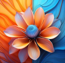 a close-up of a flower on a vertical half-blue and half-orange background, high detailed, vivid, free space to add your text