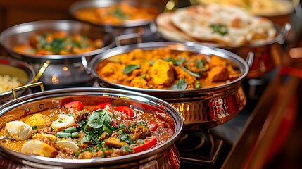Fototapeta premium A close-up shot of the delicious dishes in stainless steel chafing hearth boxes, creating an attractive display for diverse food items like colorful salad leaves.