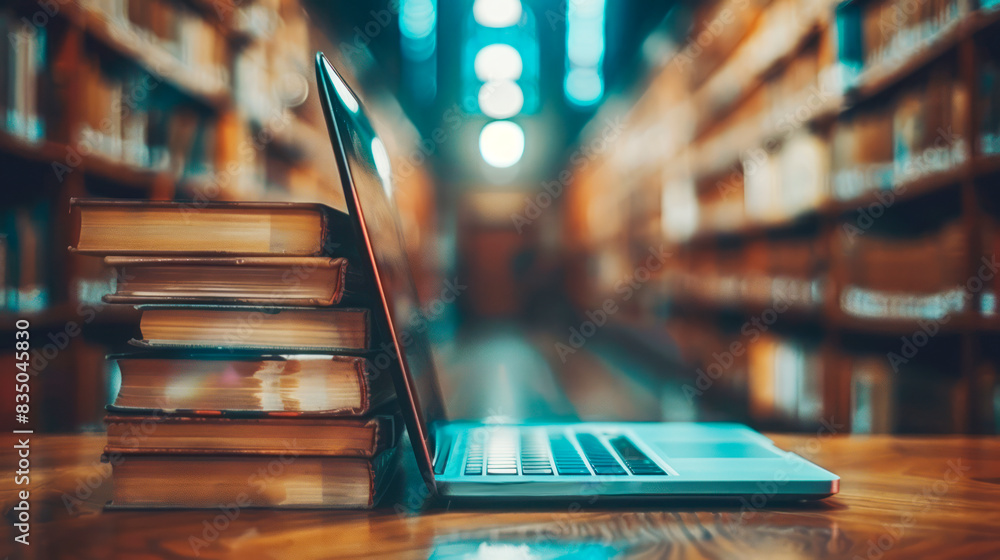Aufkleber a stack of books beside an open laptop on a wooden table, set against a blurred library background, 