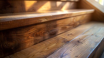 A close-up shot of the wooden steps on an oak staircase, showcasing their texture and natural beauty in a bright room with sunlight streaming through a window.